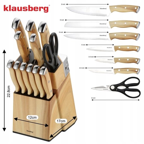 Klausberg messenset 13-delig met messenblok en slijper – 6 steakmessen, houtlook – foto 6