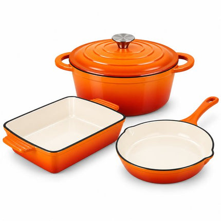 Hage - 3-Delig Keukenset - Ovenschaal 3,5 L - Gietijzeren Bakvorm met Emaille - Rechthoekige Braadschaal voor Oven - Vlees, Gebak en Ovenschotels - Stevige Bakschotel met Handgrepen - Gelijkmatige Warmteverdeling - Oranje
