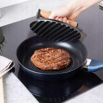 Hage - Hamburgerpers - Gietijzeren Burger Press - Smash Burger Press - Hamburgerpers met Houten Handgreep - Voor BBQ, Grill & Koekenpan - Ø17.5 cm - Zwart
