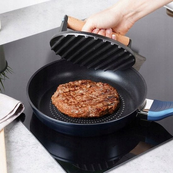 Hage - Hamburgerpers - Gietijzeren Burger Press - Smash Burger Press - Hamburgerpers met Houten Handgreep - Voor BBQ, Grill & Koekenpan - Ø17.5 cm - Zwart