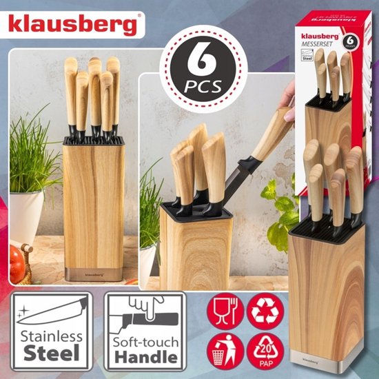 Klausberg messenset 6-delig – 5 RVS keukenmessen met messenblok, houtlook – foto 6