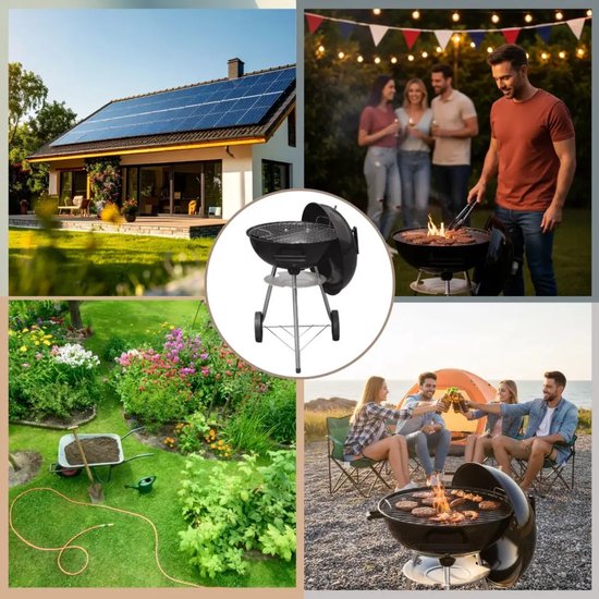 KINGHoff - Houtskool BBQ Grill - Kogelbarbecue met Deksel en Wielen - Tuin BBQ Grill Verrijdbaar - Barbecue met Temperatuurregeling - Buiten Grill - Camping & Terras BBQ - Metaal - Ø43 x 47.5 x 74 cm - Zwart