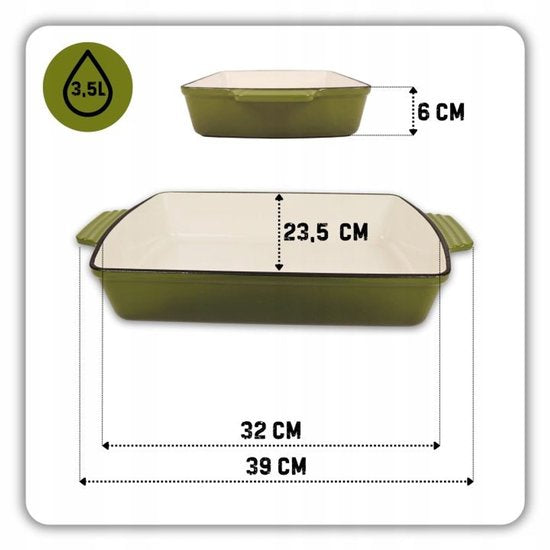 Hage - Bakvorm - Ovenschaal - Gietijzeren Ovenschaal - Emaille Braadslede met Handgrepen - Geschikt voor Inductie, Oven & Alle Warmtebronnen - 3. 5 Liter - 32 x 23,5 cm - Olijfgroen