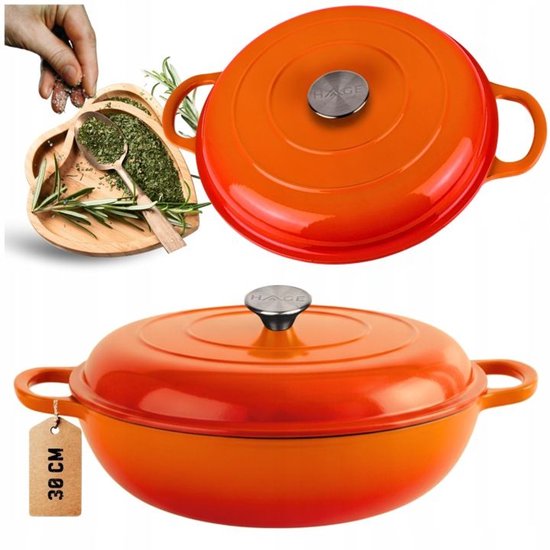 Hage - Braadpan - Lage Gietijzeren Braadpan met Deksel - Geëmailleerd - Oven & Inductie Geschikt - Voor Braden, Stoven en Ovenschotels - 3 Liters - 40,5 x 30 x 10,5 cm - Oranje