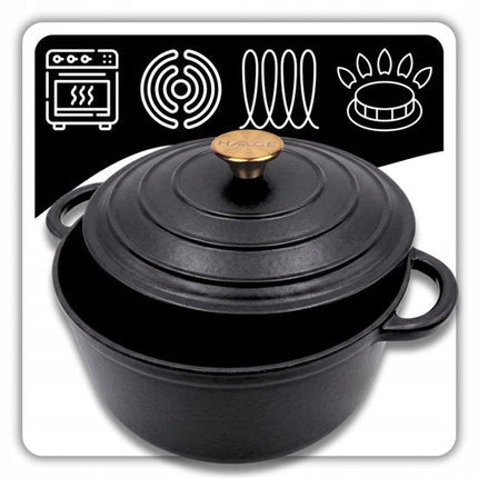 Hage - Geëmailleerde Gietijzeren Stoofpan - Braadpan met Deksel - Geschikt voor Inductie, Gas & Oven - Kookpot voor Braden, Stoven en Bakken - Inclusief Pannenhouder & Handbeschermers - 4L - Ø24 cm - Mat Zwart