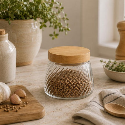 Voorraadpot Food Essentials Ventura - keuken - ribbel glas / bamboe - 0.9 liter - luchtdichte draaideksel - bewaarpotten - opslagpotten