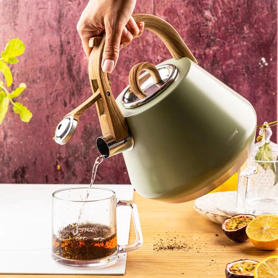 Klausberg - KB-9062 - Fluitketel - RVS Waterketel - Met Fluit - Matte Afwerking - Afneembaar Deksel - Houten Look Handgreep - Inductie - Gas - Elektrisch - Keramisch - Theeketel - Koffie - Brede Voet - 2.5L - Pastelgroen