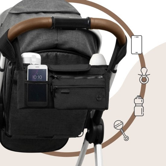 Sipo - Kinderwagen Organizer - Kinderwagen Accessoires - Universele Kinderwagen Tas - Multifunctionele Stroller Organizer Tas met Vakjes & Bekerhouders - Schoudertas & Opbergtas - Waterafstotend - 34 x 14 x 10 cm - Zwart