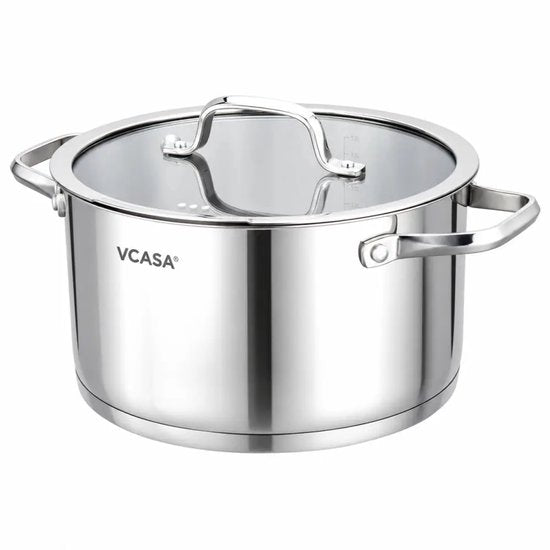 Vcasa kookpan 16 cm met glazen afgietdeksel, 1,8 liter, rvs