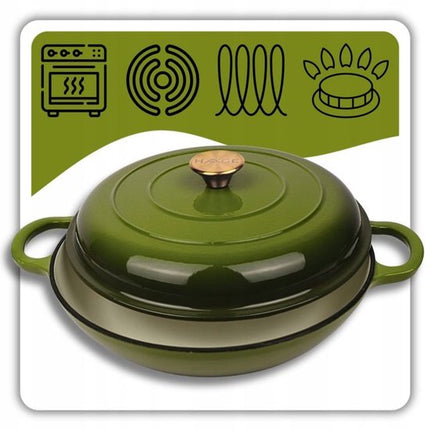 Hage - Braadpan - Lage Gietijzeren Braadpan met Deksel - Geëmailleerd - Oven & Inductie Geschikt - Voor Braden, Stoven en Ovenschotels - 3 Liters - 40.5 x 30 x 10.5 cm - Olijfgroen