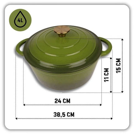 Hage - Kookpan - Gietijzeren Pot met Deksel - Geëmailleerd - Inductie & Oven Geschikt - Inclusief Mini Ovenhandschoenen & Onderzetter - Voor Braden, Stoven, Soep & Brood - 4 Liters - Ø24 cm - Olijfgroen