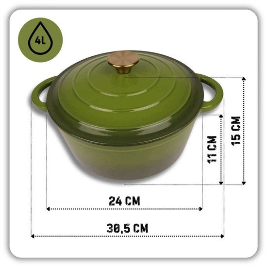 Hage gietijzeren pan met deksel – geëmailleerd, 4 liter, Ø 24 cm, olijfgroen – foto 2