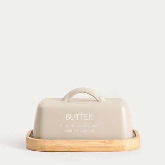 Homla Flora botervloot met deksel en houten onderzetter – beige, 0,35 liter