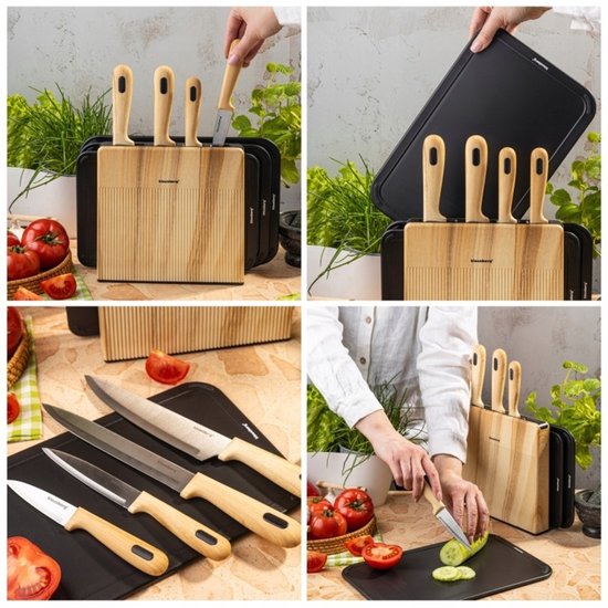 Klausberg - Messerset - 8-teilig - Küchenmesserset - Messerblock mit 4 Edelstahlmessern - 3 Schneidebretter - Küchenzubehör mit Schneidebrettern und Halterung - Schwarz und Naturfarbe