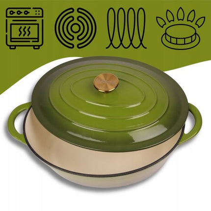 Hage - Gietijzeren Braadpan - Braadpan - Cast Iron Casserole met Deksel - Geëmailleerd - Geschikt voor Inductie & Oven - 6 Liter - 34 x 26 x 18 cm - Olijfgroen