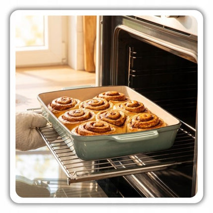 Hage - 3-Delig Keukenset - Gietijzeren Ovenschaal - Braadschaal 3,5 L - Geëmailleerde Bakvorm - Ovenschaal voor Vlees en Ovenschotels - Gietijzeren Braadslede - Rechthoekige Bakvorm - Ovenbestendig - Warmtebehoud - Pastelblauwgroen