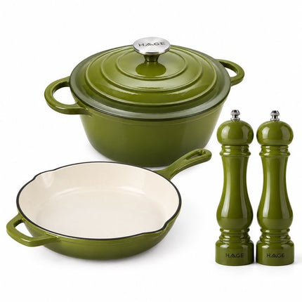 Hage - Gietijzeren Kookset 4-Delig - Braadpan 5L 26 cm met Deksel & Koekenpan 20 cm - 2 Zout- en Pepermolens 100 ml - Geëmailleerd - Inductie, Gas & Oven - Keramische Maalschijven - Olijfgroen