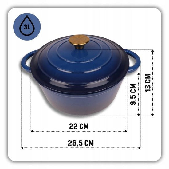 Hage - Braadpan - Geëmailleerde Gietijzeren Braadpan - Casserole - Geschikt voor Inductie, Gas & Oven - Inclusief Pannenonderzetter & Handgreepbeschermers - 3 Liter - Ø22 x 9.5 cm - Blauw