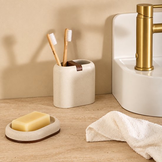 3-Delig Badkamer Accessoireset - Badkamerdecoratie - Badkamer Set - Toiletaccessoires - Wattenschijfjeshouder 10,2 cm - Toiletborstel 39 cm - Zeepschaal 13 cm - Zeepbakje - Polyresin - Beige