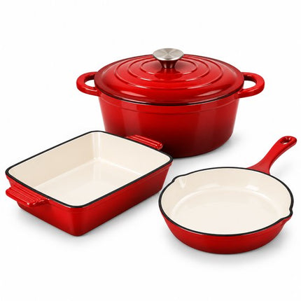 Hage - 3-Delig Keukenset - Braadschaal Gietijzer - Ovenschotel 3,5 L - Geëmailleerde Bakvorm voor Oven - Rechthoekige Vlees- en Gebakschaal - Stevige Ovenvorm met Handgrepen - Warmtebehoudend - Rood