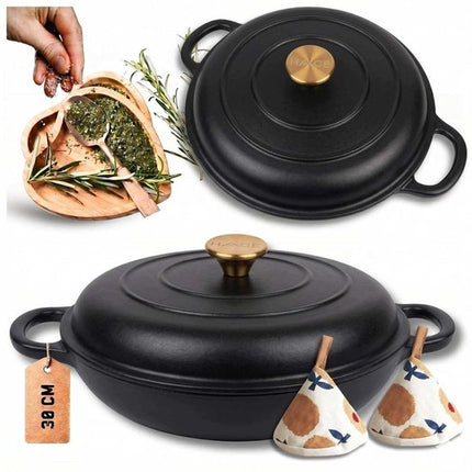 Hage - Braadpan - Lage Gietijzeren Braadpan met Deksel - Geëmailleerd - Oven & Inductie Geschikt - Voor Braden, Stoven en Ovenschotels - 3 Liters - 40.5 x 30 x 10.5 cm - Mat Zwart