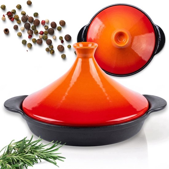 Hage tajine 27 cm, 1,5 liter - gietijzer met keramische deksel, oranje en zwart