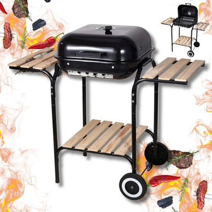 KINGHOFF Houtskoolbarbecue KH-2034 - BBQ met Deksel, Zijtafels en Wielen - 43 x 39,6 cm