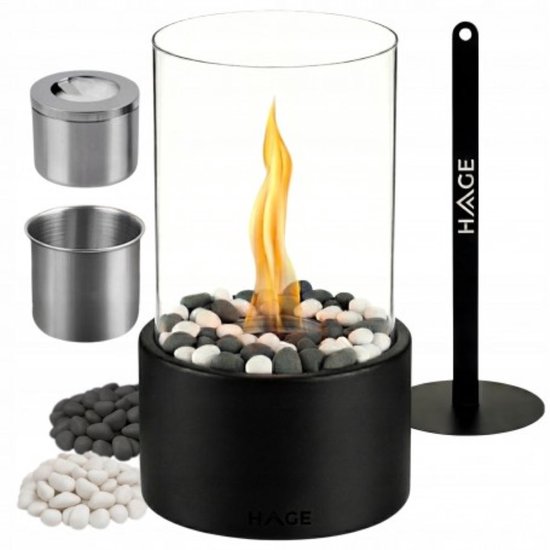 Hage - Bio-Ethanol Tafelhaard - Rookvrije Biohaard - Vrijstaand – Voor Binnen & Buiten - Terras, Balkon & Tuin - Borosilicaatglas - Staal - 27 x 16.5 cm - Zwart
