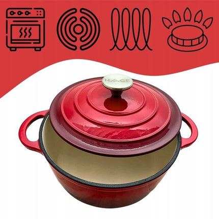 Hage - Braadpan - Geëmailleerde Gietijzeren Braadpan - Casserole - Geschikt voor Inductie, Gas & Oven - Inclusief Pannenonderzetter & Handgreepbeschermers - 4 Liter - Ø24 x 12 cm - Rood