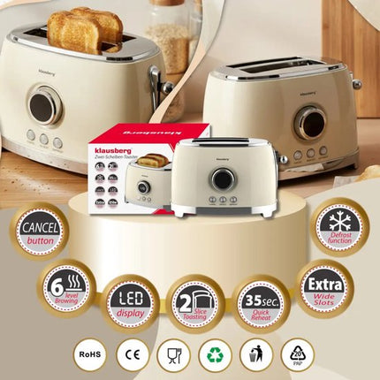 Klausberg - Broodrooster - Keuken Toaster - Toaster met LED Display en 6 Standen - Brede Sleuven Broodrooster - 2 Sneden - Retro Design - Ontdooifunctie & Opwarmfunctie - 850W - ca. 28.5 x 18.5 x 20 cm - Beige