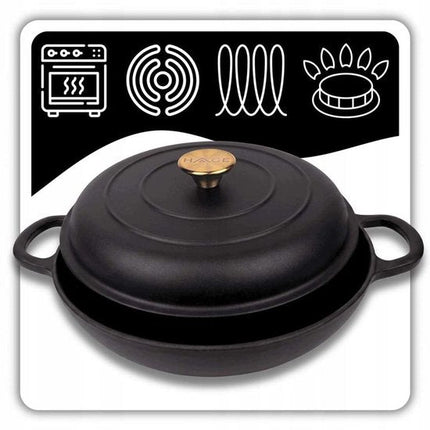 Hage - Braadpan - Lage Gietijzeren Braadpan met Deksel - Geëmailleerd - Oven & Inductie Geschikt - Voor Braden, Stoven en Ovenschotels - 3 Liters - 40.5 x 30 x 10.5 cm - Mat Zwart
