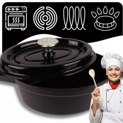 Hage - Gietijzeren Braadpan - Braadpan - Cast Iron Casserole met Deksel - Geëmailleerd - Geschikt voor Inductie & Oven - 2.85 Liter - 25.5 x 19.5 x 12.5 cm - Zwart