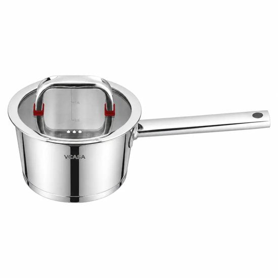 Steelpan 16 cm, 1,6 liter, rvs met glazen afgietdeksel en maataanduiding