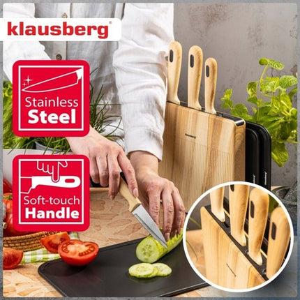 Klausberg - Messenset - 8 Delig - Keukenmessenset - Messenblok met 4 RVS Messen - 3 Snijplanken - Keuken Accessoires met Snijplanken en Houder - Zwart en Natuurlijke Kleur