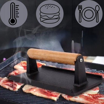 Hage - Hamburgerpers - Gietijzeren Burger Press - Smash Burger Press - Hamburgerpers met Houten Handgreep - Voor BBQ, Grill & Koekenpan - 20 x 10 cm - Zwart
