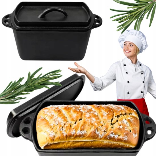 Hage gietijzeren bakvorm met deksel, 3,5 liter, 29 x 11 x 13 cm, zwart