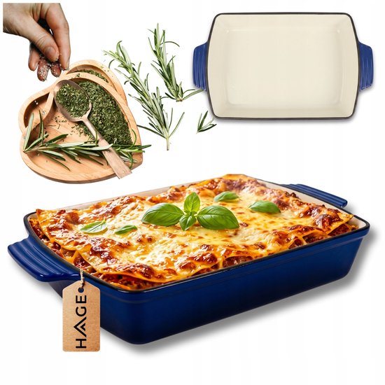 Hage - Gietijzeren Ovenschaal - Ovenschaal - Geëmailleerde Bakvorm - Voor Ovengerechten, Vlees, Taart en Ovenschotels - 3. 5 Liters - 32 x 23,5 x 6 cm - Blauw