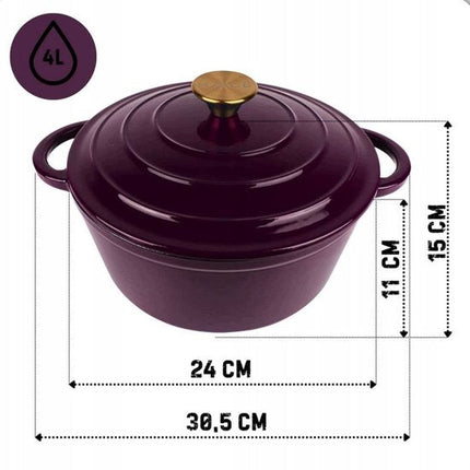 Hage - Kookpan - Gietijzeren Pot met Deksel - Geëmailleerd - Inductie & Oven Geschikt - Inclusief Mini Ovenhandschoenen & Onderzetter - Voor Braden, Stoven, Soep & Brood - 4 Liters - Ø24 cm - Auberginepaars