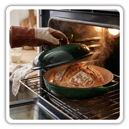Hage - Gietijzeren Broodpan - Geëmailleerde Bakpan met Deksel - Voor Zelfgebakken Brood & Ovenschotels - Inductie, Gas & Ovenbestendig - Inclusief Pannenhouder & Handbeschermers - 2L - Ø26 x 16.5 cm - Flesgroen