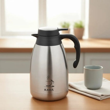 Kinghoff - KH-2094 - Dubbelwandig Thermoskan - Thermosfles - Thermoskan met Schenksysteem - Met Koffie Label - Voor Kantoor, Catering & Thuis - 2 Liters - RVS - Zwart & Zilver