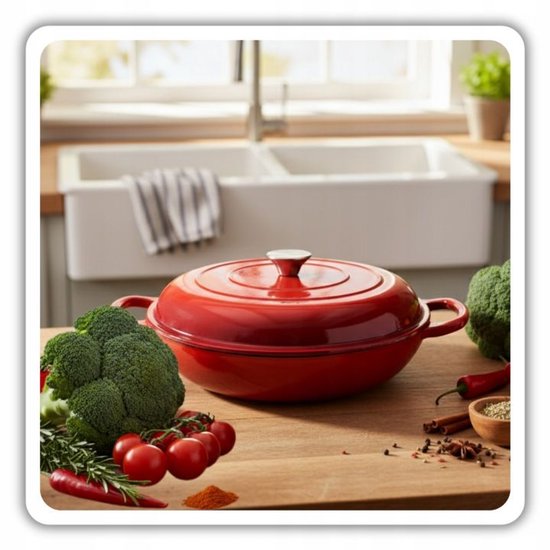 Hage - Braadpan - Geëmailleerde Gietijzeren Braadpan - Cast Iron Casserole - Geschikt voor Inductie, Gas & Oven - Inclusief Pannenonderzetter & Handgreepbeschermers - 3 Liters - Ø30 x 10,5 cm - Rood