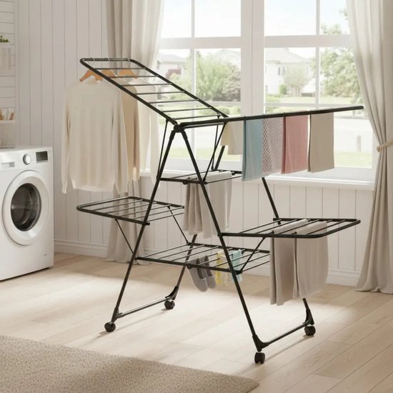 Kinghoff KH-2046 inklapbaar wasrek van staal met hangerrek en wielen, zwart, 157 cm