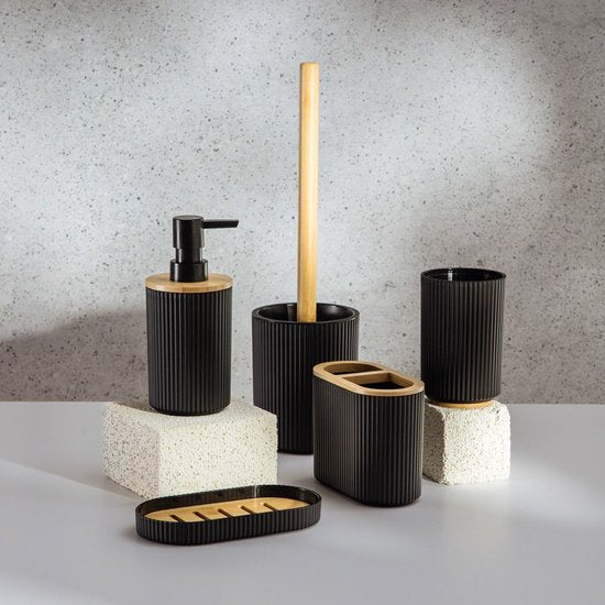 Homla Loreto badkamer accessoires set – 5-delig, zwart met bamboe – foto 3