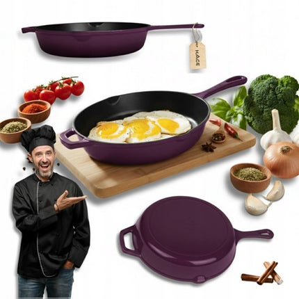 Hage - Gietijzeren Koekenpan - Geëmailleerde Bakpan met Hoge Rand - Inductie, Gas, Elektrisch & Ovenbestendig - Voor Bakken en Braden - Gelijkmatige Warmteverdeling - Ergonomisch Handvat - Ø26cm - Aubergine