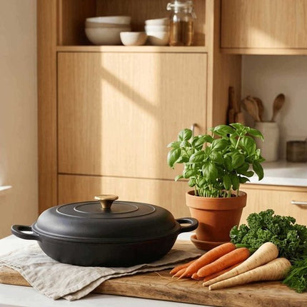 Hage - Braadpan - Lage Gietijzeren Braadpan met Deksel - Geëmailleerd - Oven & Inductie Geschikt - Voor Braden, Stoven en Ovenschotels - 3 Liters - 40.5 x 30 x 10.5 cm - Mat Zwart