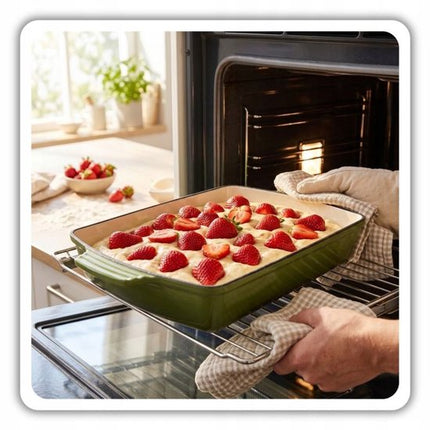 Hage - Bakvorm - Ovenschaal - Gietijzeren Ovenschaal - Emaille Braadslede met Handgrepen - Geschikt voor Inductie, Oven & Alle Warmtebronnen - 3.5 Liter - 32 x 23.5 cm - Olijfgroen