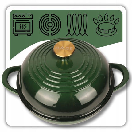 Hage - Gietijzeren Broodpan - Geëmailleerde Bakpan met Deksel - Voor Zelfgebakken Brood & Ovenschotels - Inductie, Gas & Ovenbestendig - Inclusief Pannenhouder & Handbeschermers - 2L - Ø26 x 16.5 cm - Flesgroen