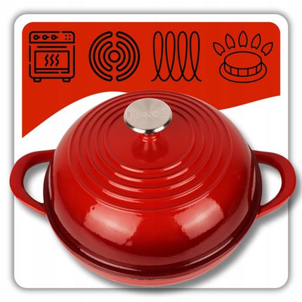 Hage - Broodbakpan - Gietijzeren Broodpan met Deksel - Geëmailleerd & Ovenbestendig - Voor Knapperig Brood, Braden & Bakken - Geschikt voor Inductie & Gas - Inclusief Pannenhouder en Handbeschermers - 2Liters - Ø26 x 16.5 cm - Rood