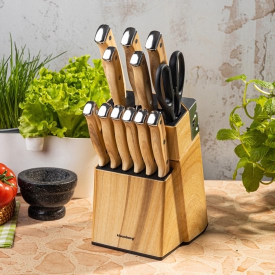 Klausberg messenset 13-delig met messenblok en slijper – 6 steakmessen, houtlook – foto 5