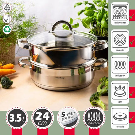Klausberg - Stoompan - 3-delige RVS Stoomkookset - Stoominzet - Glazen Deksel - Inductie - Gas - Elektrisch - RVS - 3.5 Liters - 24 x 8.5 cm - Zilver